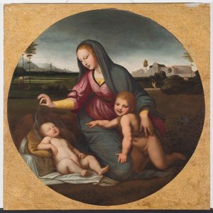 Madonna og barn med den unge St. John, ca. 1500 (olie på træ) af Sanzio of Urbino (follower of) Raphael
