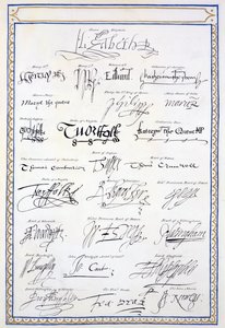 Reproduktion af Tudors og deres hofters signaturer fra "Memoirs of the Court of Queen Elizabeth", udgivet i 1825 (pen og blæk på papir) af Sarah Countess of Essex