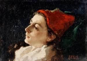 Head of a Woman in a Red Cap (olie på lærred)