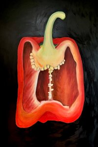 Halv rød peber, 2024 (olie på lærred) af Sarah Thompson-Engels