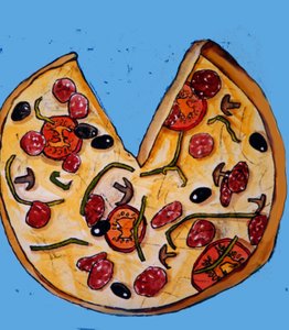 Pizza, 2017, (monoprint med blæk) af Sarah Thompson Engels