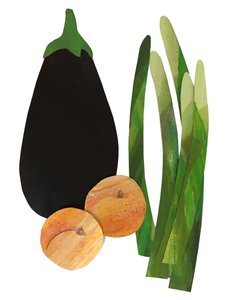 asparges, abrikoser, aubergine, 2019 (collage)