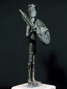 Nuragisk kultur (nuraghi) Sardinsk: bronzestatue af Teti-krigeren fra Arcosu-bjergene. 8.-7. århundrede f.Kr. Størrelse 24 cm Cagliari, Nationalt Arkæologisk Museum, Sardinien, Italien