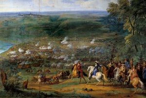 Trediveårskrig: "" Udsigt over slaget ved Rocroy (Rocroi) den 19/05/1643 mod de franske tropper fra hertugen af Enghien og de spanske tropper fra Francisco de Melo"" Detalje, maleri af Sauveur Le Conte (Leconte) , Le Comte, Lecomte) (1659-1694)