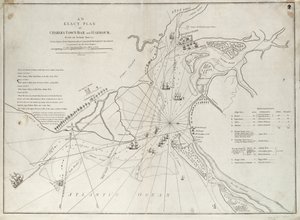 En nøjagtig plan over Charles Town bar og havn, fra en faktisk opmåling med angrebet på Fort Sullivan den 28. juni 1776 af Hans Majestæts eskadre under kommando af Sir Peter Parker.