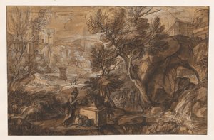 Landskab med en hyrde ved en antik sarkofag af Sébastien Bourdon (attributed to)