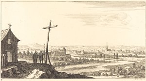 Landskab med Kirke og By i Afstand