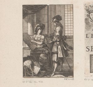 Geometri og ung mand med geometrisk tegning Titelside for: Pratique de la géometrie, sur le papier et sur le terrain (...), 1669 af Sébastien Leclerc (I)