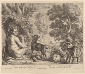 Pan, der spiller fløjte af Schelte Adams Bolswert after Jacob Jordaens
