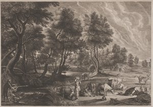 Gårdlandskab med jægere og malkepiger af Schelte Adams Bolswert, after Sir Peter Paul Rubens