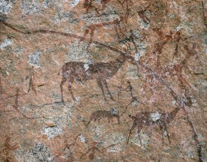 AFRIKANSK KUNST: Klippemaleri ved Ngomo Carera i Domboshawa-bjergkæden, 30 km nordøst... (fresko) af School African