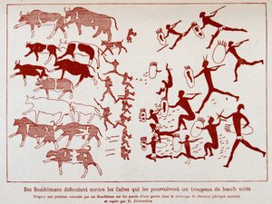 Boschimanere forsvarer en flok oksefluer mod kassen, efter et maleri udført af en boschiman på væggene i en hule i nærheden af Hermon (Sydafrika)