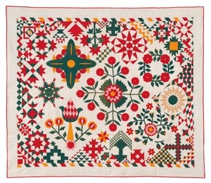 En quilt med blomsterapplikationer, muligvis fra Pennsylvania af School American