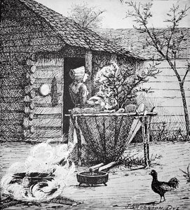 Gårdscene - en kvinde ved et vaskekar, efter en illustration af J. S. Hodgson (litho) af School American