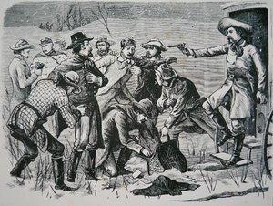 Fire banditter overmander og plyndrer to officerer og syv soldater nær Bismarck, Dakota-territoriet, fra 