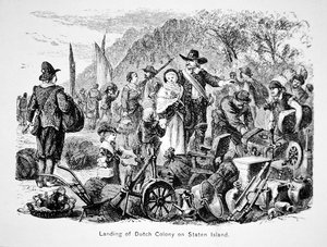 Landgang af hollandske kolonister på Staten Island, New York (litho) af School American