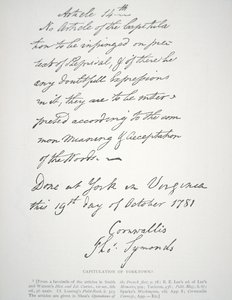 Capitulationsbrev fra Yorktown, underskrevet af Lord Cornwallis af School American