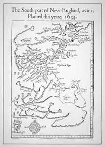 Kort inklusive Massachusetts Bay (litho) af School American