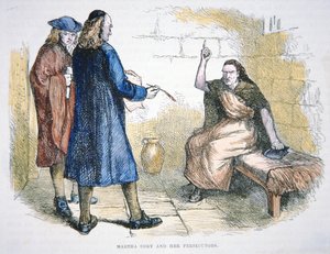 Martha Corey er anklaget for hekseri under Salem-hekseprocesserne i 1692 (farve litho)