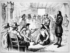 Massasoit, høvdingen for Wampanoag-folket, forlænger fredsrøret til John Carver i 1621 (litho)