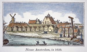 New Amsterdam (senere New York) på Manhattan Island, fra et syn udgivet i 1659 (farve litho)