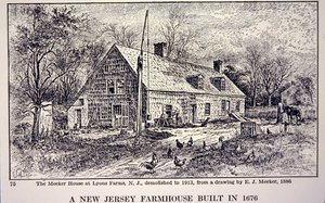 New Jersey bondehus bygget i 1676 efter en tegning fra 1886 af E. J. Meeker (litho) af School American