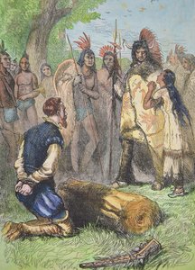 Pocahontas redder John Smiths liv (farvet gravering)