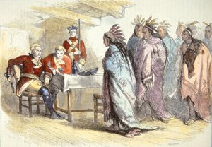 Pontiac besøger major Gladwin i Fort Detroit i 1763 (farve litho)