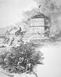 Belejring af Fort Detroit af Pontiac, høvding for Ottawa-stammen i foråret 1763 (litho)