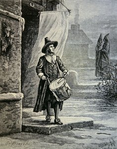 Puritanerens kirkeklokke var en trommeslager (litho) af School American