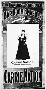 Teaterplakat, der viser Carry Nation (1846-1911) med sin ødelæggende økse (litho) af School American
