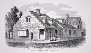 Udsigt over Broad Street, New York City ca.1740 (litografi) af School American