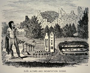 Zuni Tribesman blæser pollen over en Pueblo-helligdom (gravering) af School American