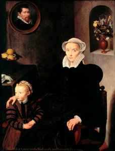 Portræt af smedens og malerens hustru fra Antwerpen Quenston med sit barn Moderen klædt i sort, bærer krave og hovedbeklædning. Maleri af skolen i Antwerpen. 1576 Dim. 136x108 cm Paris, Musée du Louvre af School Antwerp