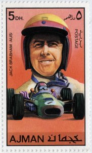 Emirates Arab Units stempel, der repræsenterer den australske bilchauffør Jack Brabham (født 1926)