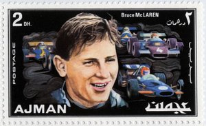 Emirates Arab Units-stempel, der repræsenterer den neozelandesiske bilchauffør Bruce Mclaren (1937-1970) af School Arabic