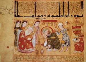 Heraclide af Taranto i apoteket. I det 3. århundrede opfandt den græske læge Galien theriade, som tværtimod var den første modgift mod gifte baseret på valmuesaft. Miniature i "" Theriacens bog (Kitab al-Diryaq)"" folio 17.