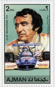 UAE-stempel, der repræsenterer den schweiziske bilchauffør Clay Regazzoni (Ne 1939).