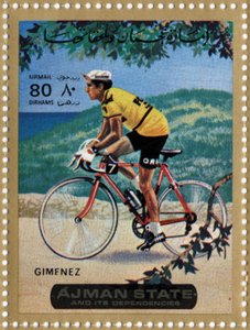 UAE-frimærke, der repræsenterer cykelrytteren Julio Jimenez (Ne 1934)