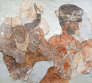 Kalkmaleri, der skildrer ofring fra Mari (nu Tell Hariri) arkæologiske sted, Syrien,
