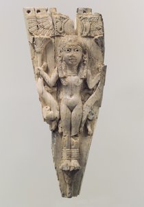 Hestefrontlet udskåret i relief med en kvindeskikkelse flankeret af løver, ca. 9.–8. århundrede f.Kr. (elfenben) af School Assyrian