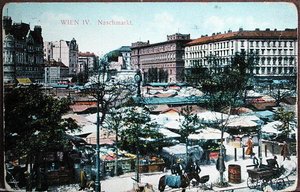 Postkort, der forestiller Naschmarkt (madmarked) i Wien, ca. 1915 (farve litho)