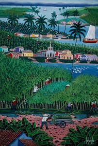 Naivt kunstmaleri, der viser bambushøst, Bahia State, Brasilien