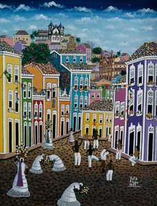 Naivt kunstmaleri, der viser gadebilledet, Bahia State, Brasilien