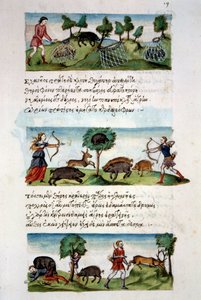 Art Byzantium: vildsvinejagt. Forskellige jagtteknikker. Øverst: fangst af roer i net. I centrum vildt på jagt efter en bue. Nederst: jægere angriber af dyr. Miniature i "" De venatione"" folio 19, af Oppian fra Syrien