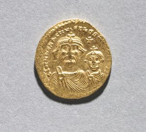 Solidus med Heraclius og hans søn Heraclius Constantine (forside), c.616-625 (guld) (se CVL 499741 for bagside)