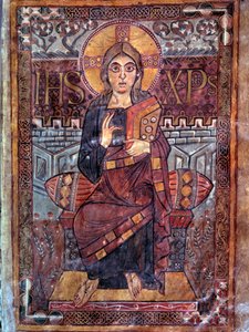 Karolingisk kunst: Kristus i majestæt (i herlighed). Miniature fra manuskriptet "Evangeliaire de Godescalc, Ecole du Palais de Charlemagne"" (folio 3) kopi af Godescalc fra statskassen i Saint-Sernin de Toulouse, Bibliotheque du Louvre, 781-783. BN, Paris