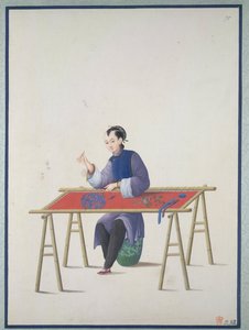 En kvinde, der broderer, ca. 1800 (akvarel på papir) af School Chinese