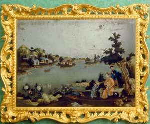 Kinesisk spejlmaleri af landskab, musik og vers (pigment på spejl) af School Chinese