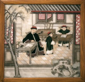 Dekorativ marmorplade, der repræsenterer bogstaver i deres skab. Malet marmor, Qing-dynastiet (1644-1911), kinesisk kunst. Musee d
